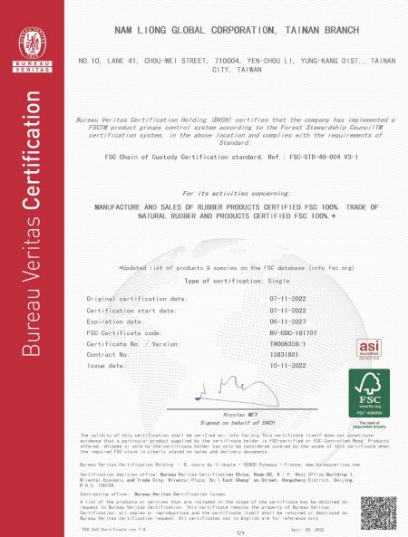 2022 Rubber Sponge Division acquired FSC Chain of Custody Certification standard, Ref.: FSC-STD-40-004 V3-1 (valid till 2027)